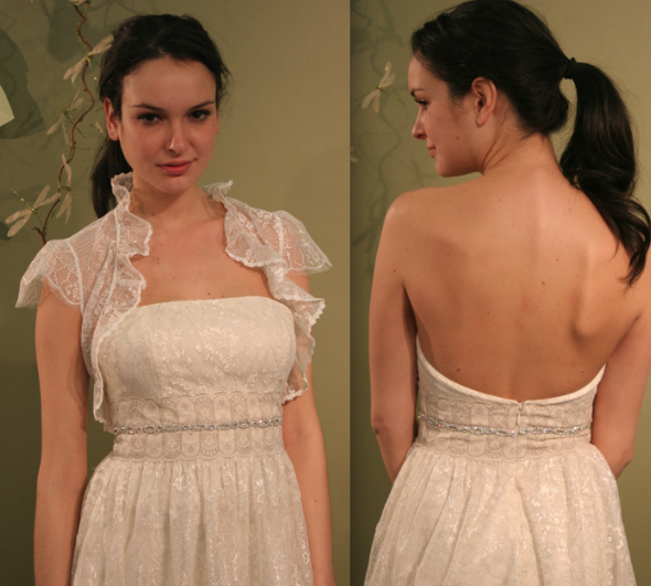 claire-pettibone-with-shrug-backless-strapless Claire Pettibone Fall 2011 Collection Strapless and Backless gown with shrug